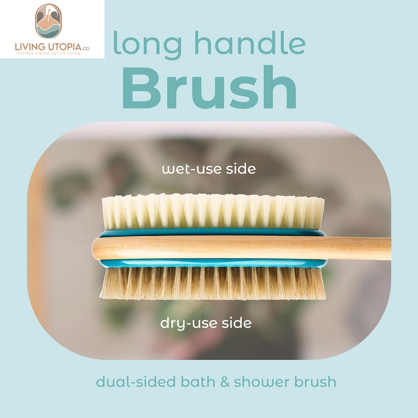 Back Scrubber for Shower – Long Handle Dual-Sided Brush for Body Wash & Scrubbing with Exfoliating & Soft Bristles (Teal, Wood)