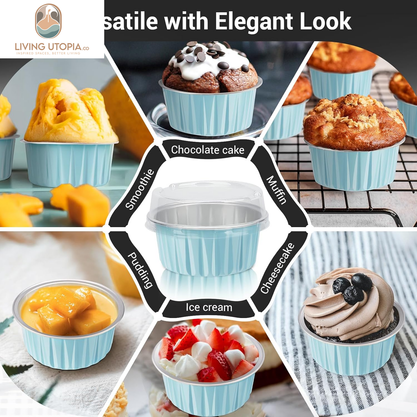 Aluminum Cups with Lids, 50Pcs 5Oz 125Ml Foil Cupcake Baking Cups, Muffin Liners Cups with Lids, Disposable Foil Ramekins Pans, Aluminum Foil Cupcake Holders