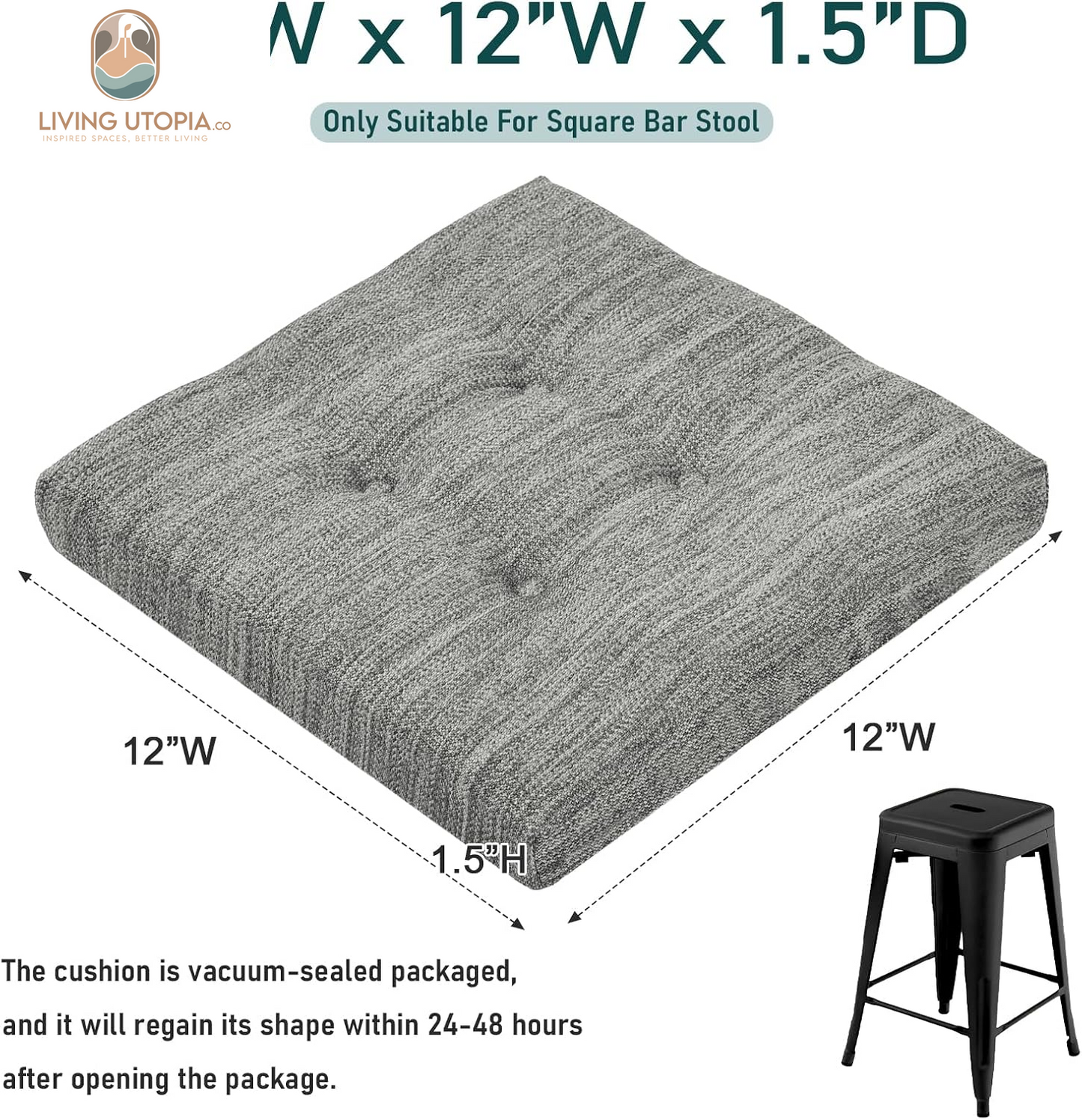 12 Inches Square Seat Cushion, Super Soft 2PC Bar Stool Square Seat Cushion with Ties- Gray (12" (30CM) 2PC)