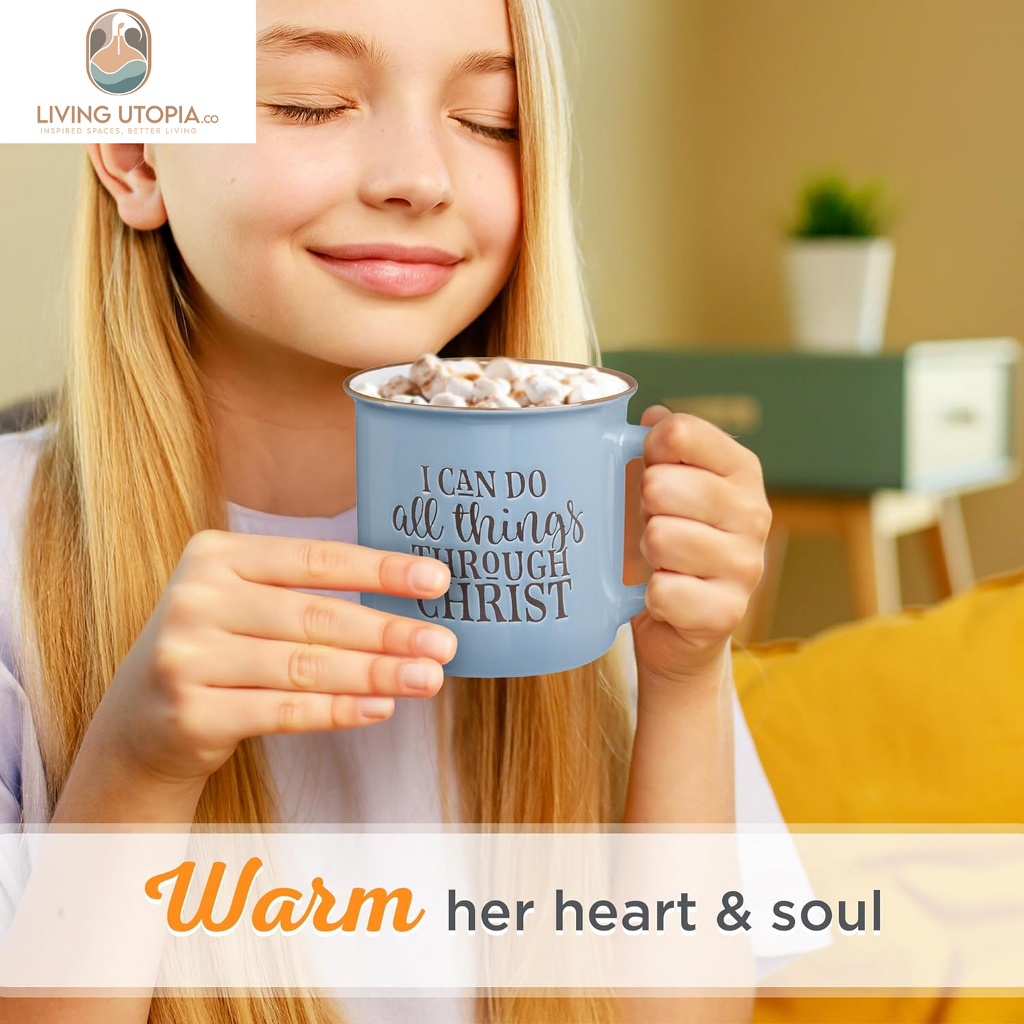 Blue Camp Style Ceramic Coffee Mug – 13 Oz. Microwave and Dishwasher Safe Inspirational Scripture Coffee & Tea Mug with Bible Verse: I Can Do All Things through Christ – Phil. 4:13