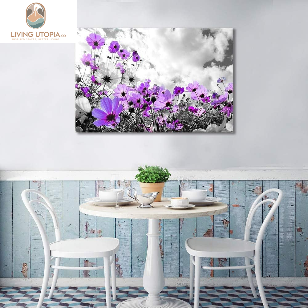 Canvas Wall Art Modern Purple Flowers Decor Black and White Framed Galsang Floral Print Poster Hanging Artwork Ready to Hang for Bedroom Living Room Bathroom Home Office Decoration 36L X 24W