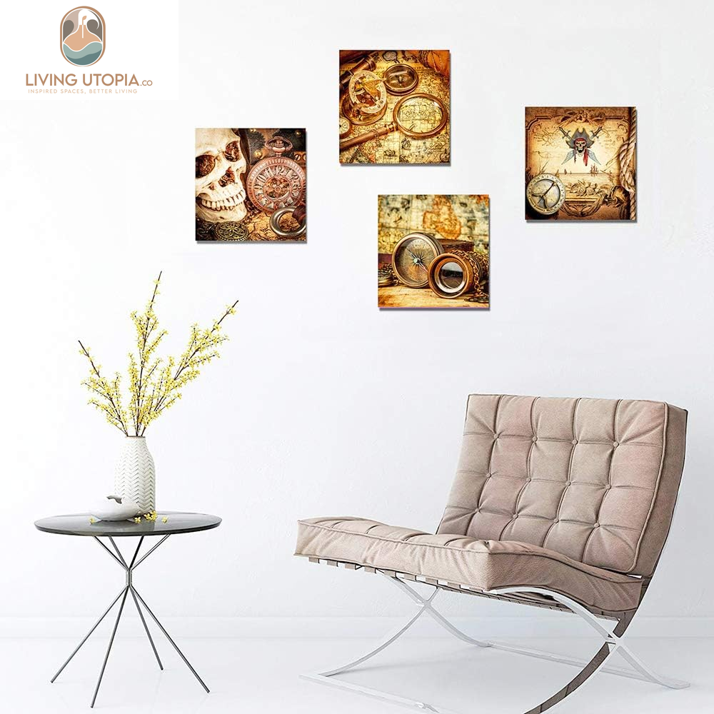 Pirate Ship Compass Restoring Ancient Ways Wall Art for Living Room Canvas Prints Artwork Bathroom Wall Decor Watercolor Painting 4 Piece Framed Bedroom Wall Decorations Office Home Decoration