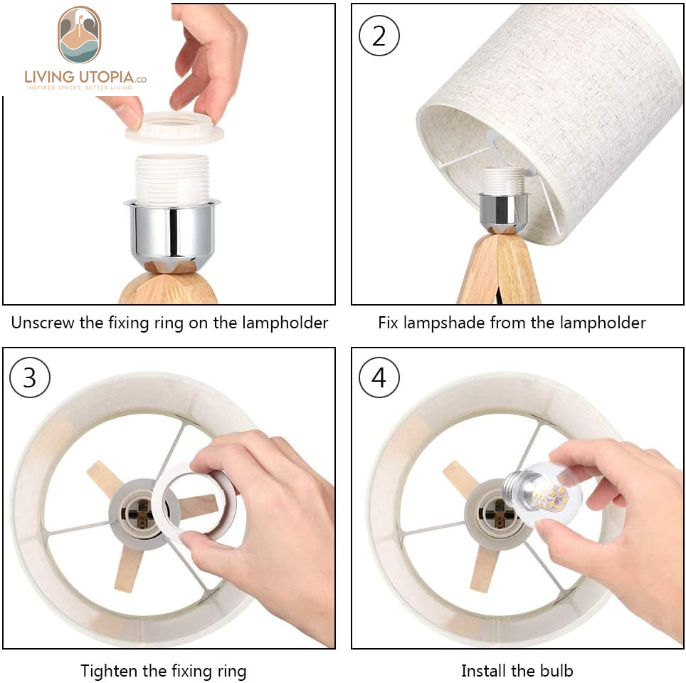 Small Bedside Table Lamp - Wooden Tripod Nightstand Lamp for Bedroom, Living Room, Office, Home with Fabric Linen Shade - 13.4 Inches (Without Bulb)