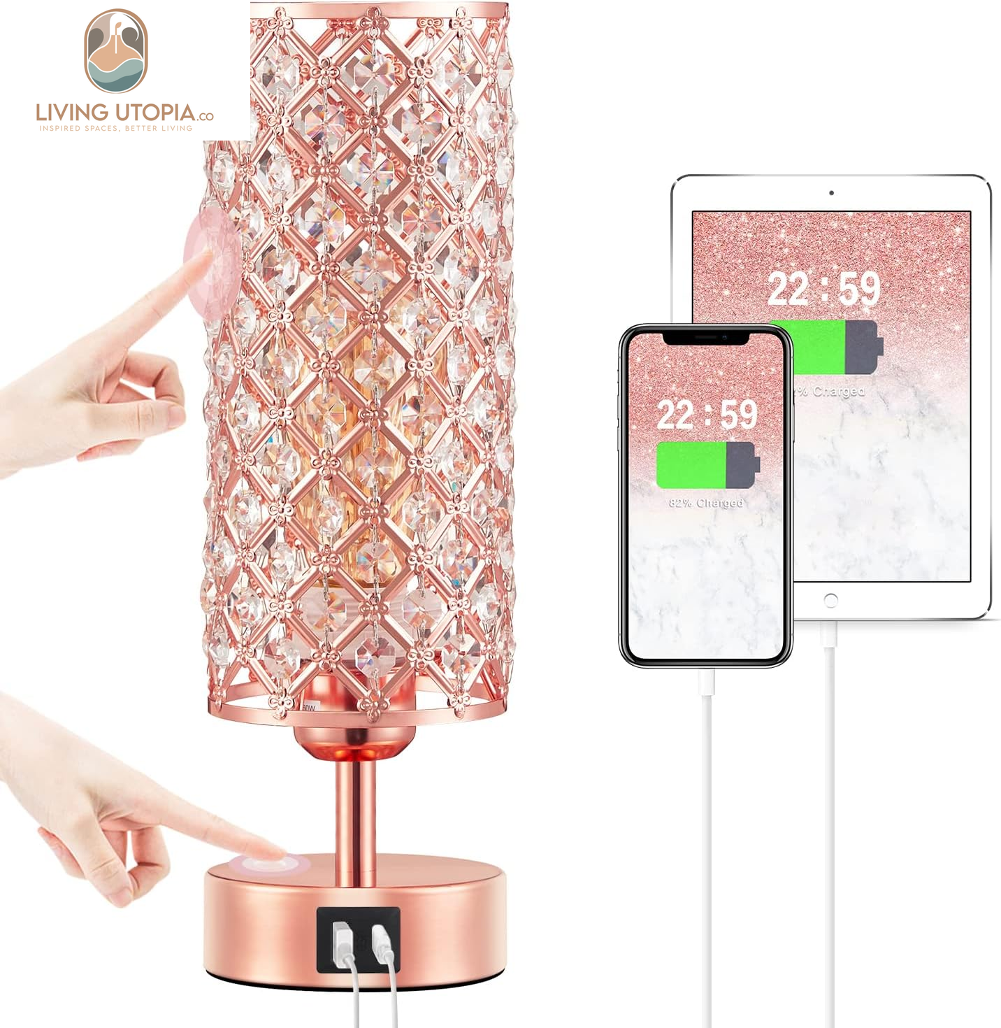 Crystal Table Lamp - 3-Way Dimmable Touch Control, Rose Gold Bedside Lamp with USB C and a Ports, Nightstand Light for Living Room, Bedroom, Home Office (Bulb Included)