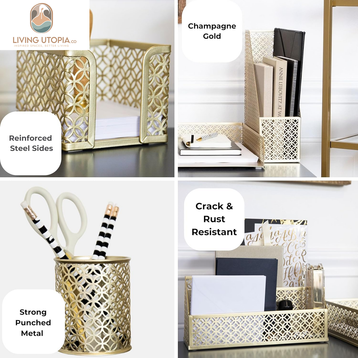 Gold Desk Organizer Set – Mail Sorter, Sticky Note Holder, Pen Cup, Magazine Holder, Letter Tray & Business Card Holder – Pink Office Decor