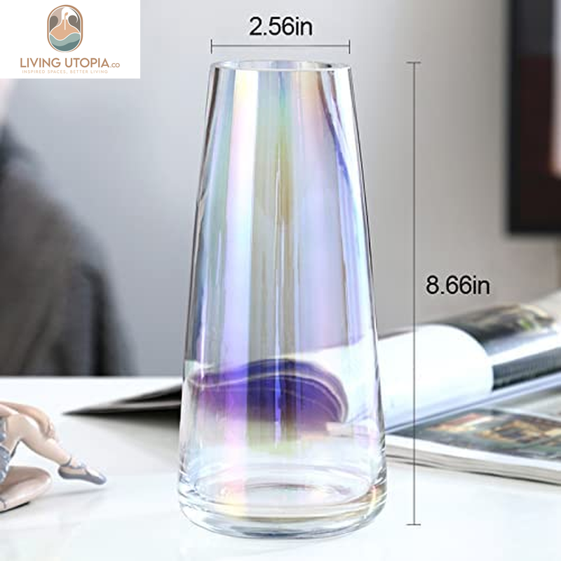 Glass Vase for Flowers Modern Vases Home Decor Unique Flower Vase for Bouquet 8.7" Centerpiece Vase Decor Room,Living Room,Library,Office,Table,Entryway,Modern Farmhouse(Iridescent Clear)