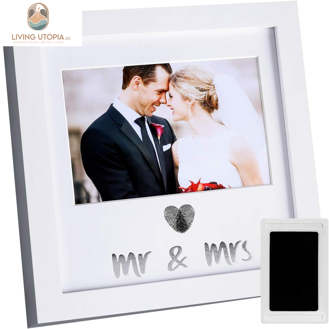 Heart Thumbprint Keepsake Frame and Ink Kit,Wedding Picture Frame Wedding Registry Idea Shower Gift for Bride Newlywed (White Frame, Silver Text)