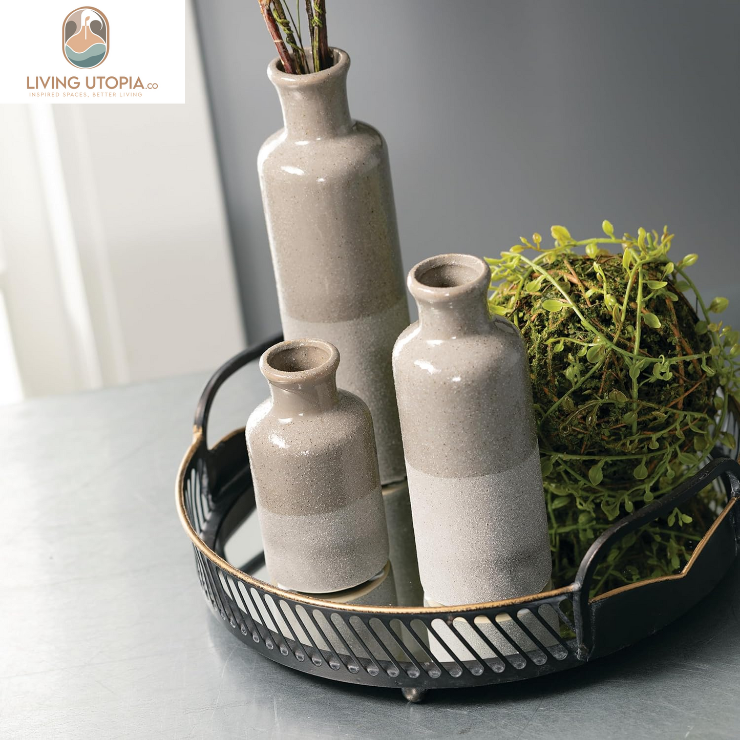 Two-Toned Grey Ceramic Vase Set, Farmhouse Decor, Home Decorative Vases for Your Kitchen, Bedroom, Office, Living Room, Bathroom, & Shelf Centerpiece Table Decorations (CM2859)