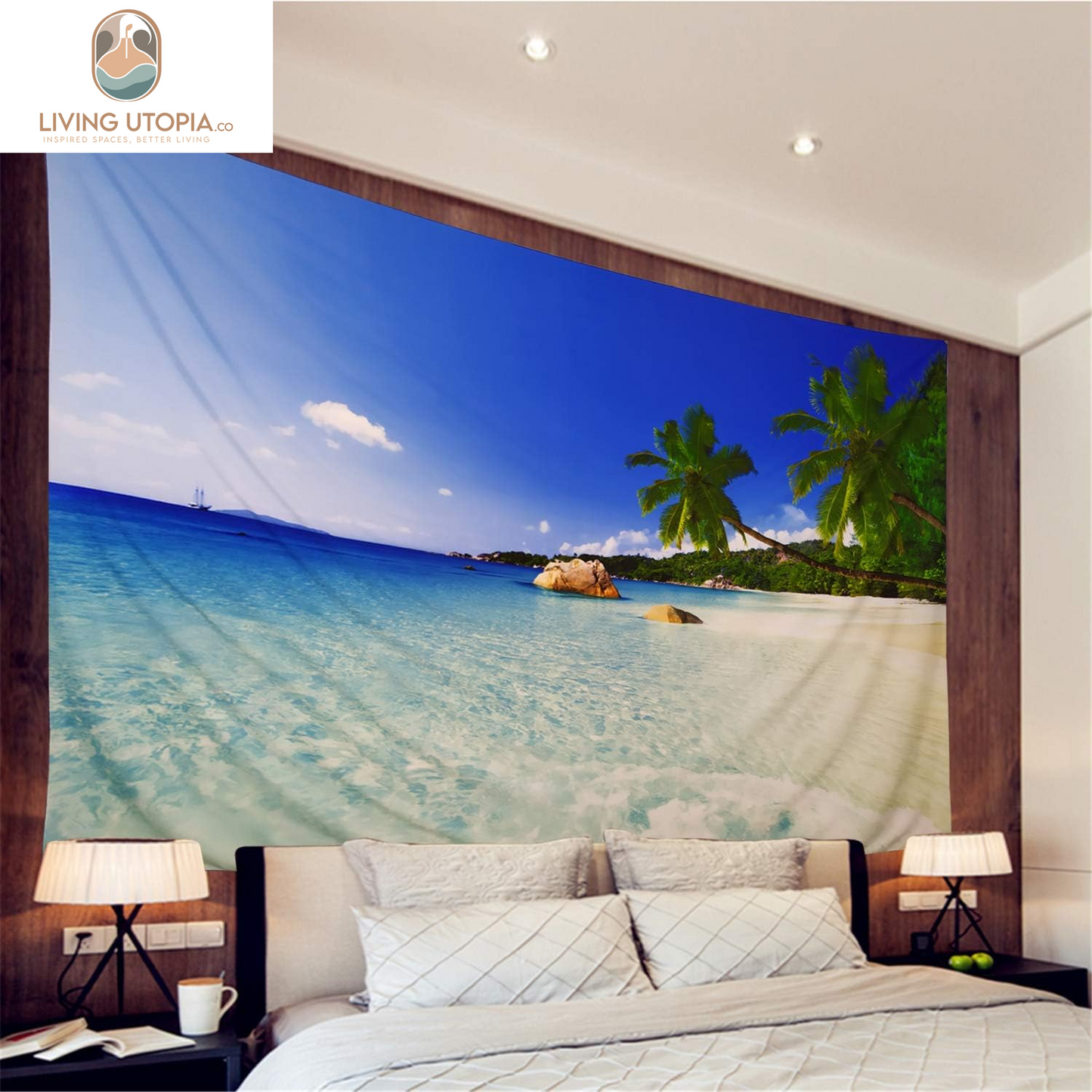 Tapestry, X-Large Beach Wall Hanging, Bohemian Palm Tree Tapestry, Ocean Beach Art, 70.8X92.5In, Home Decor, Lightweight Polyester