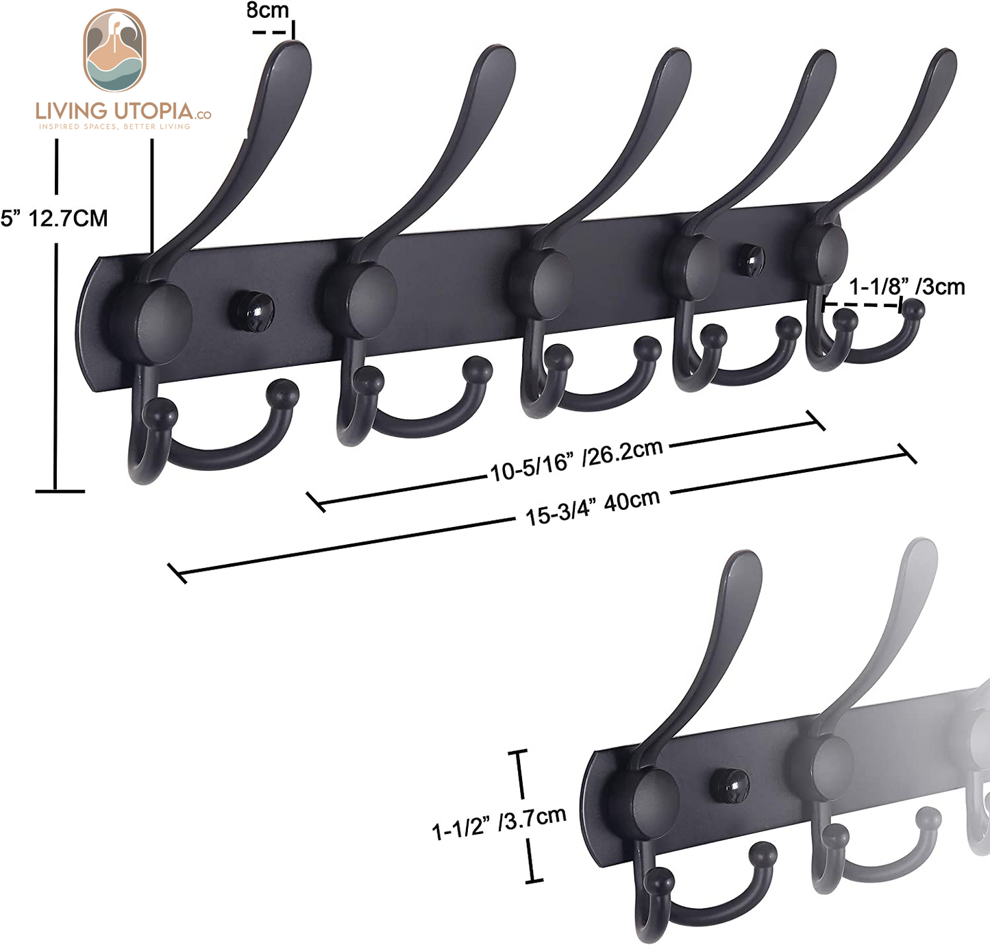 Coat Rack Wall Mounted - 5 Tri Hooks, Heavy Duty, Stainless Steel, Metal Coat Hook Rail for Coat Hat Towel Purse Robes Mudroom Bathroom Entryway (Black, 2 Packs)