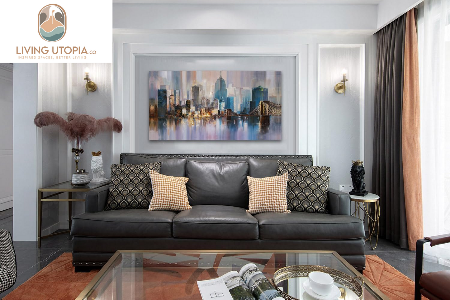 Cityscape Canvas Wall Art Abstract Skyline New York City Painting Prints, Modern Grey Brooklyn Bridge Colorful NYC Picture Framed for Bedroom Living Room Home Office Wall Decor, Large 48"X24"