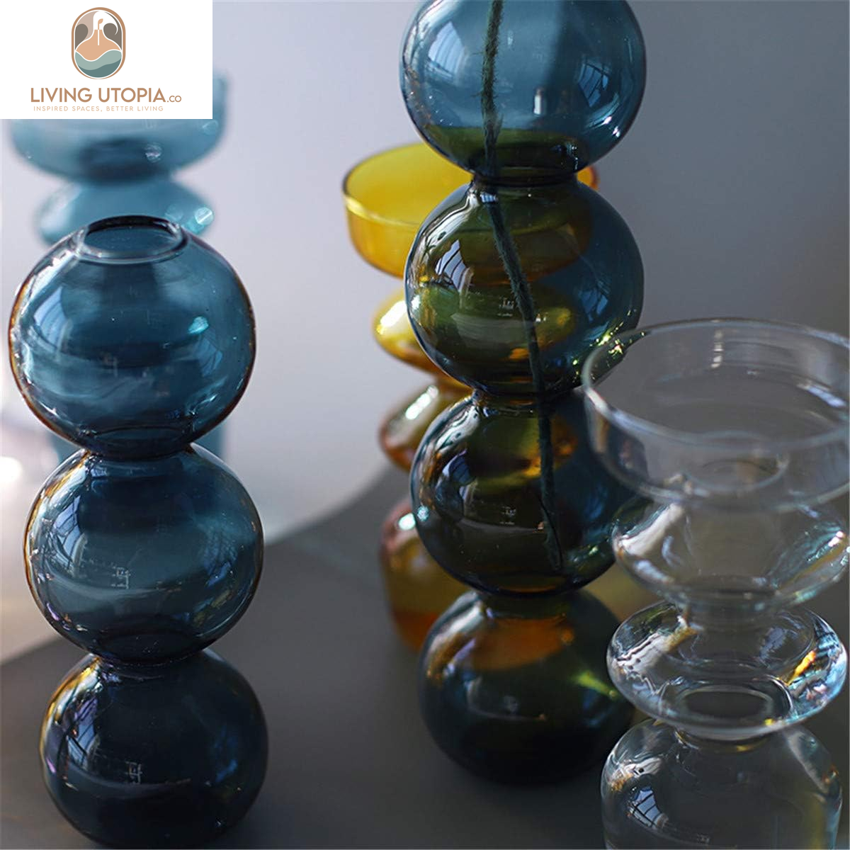 Hydroponic Flower Vase, Three Balls 6.5” Tall Transparent Plant Glass Pots, Suitable Weddings/Party/Events/Decorating Home Office or Dinning/Living Room(Blue)