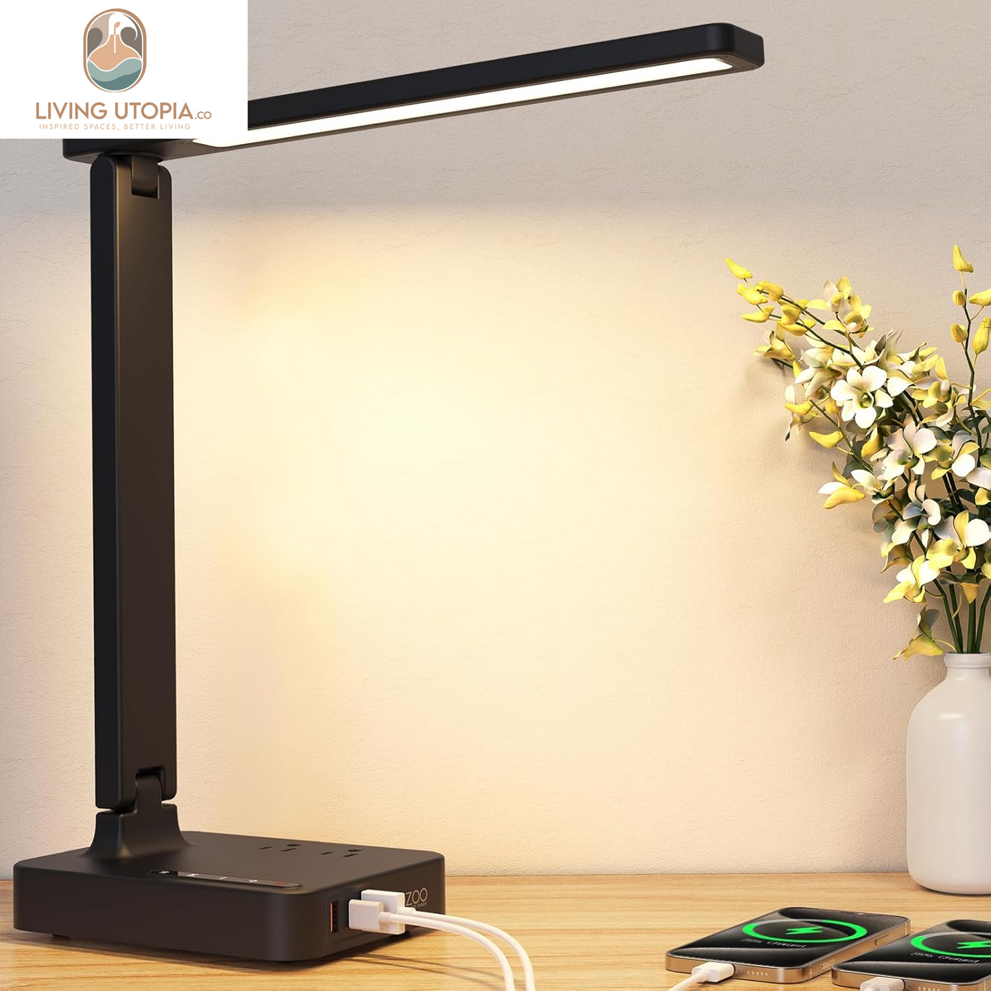 LED Desk Lamp with 3 USB Charging Ports,2 AC Outlet,3 Color Modes 3 Brightness Levels,Touch/Memory/Timer Function,Eye-Caring Home Office Foldable Natural Light Task Lamp for Reading,Study,Crafts