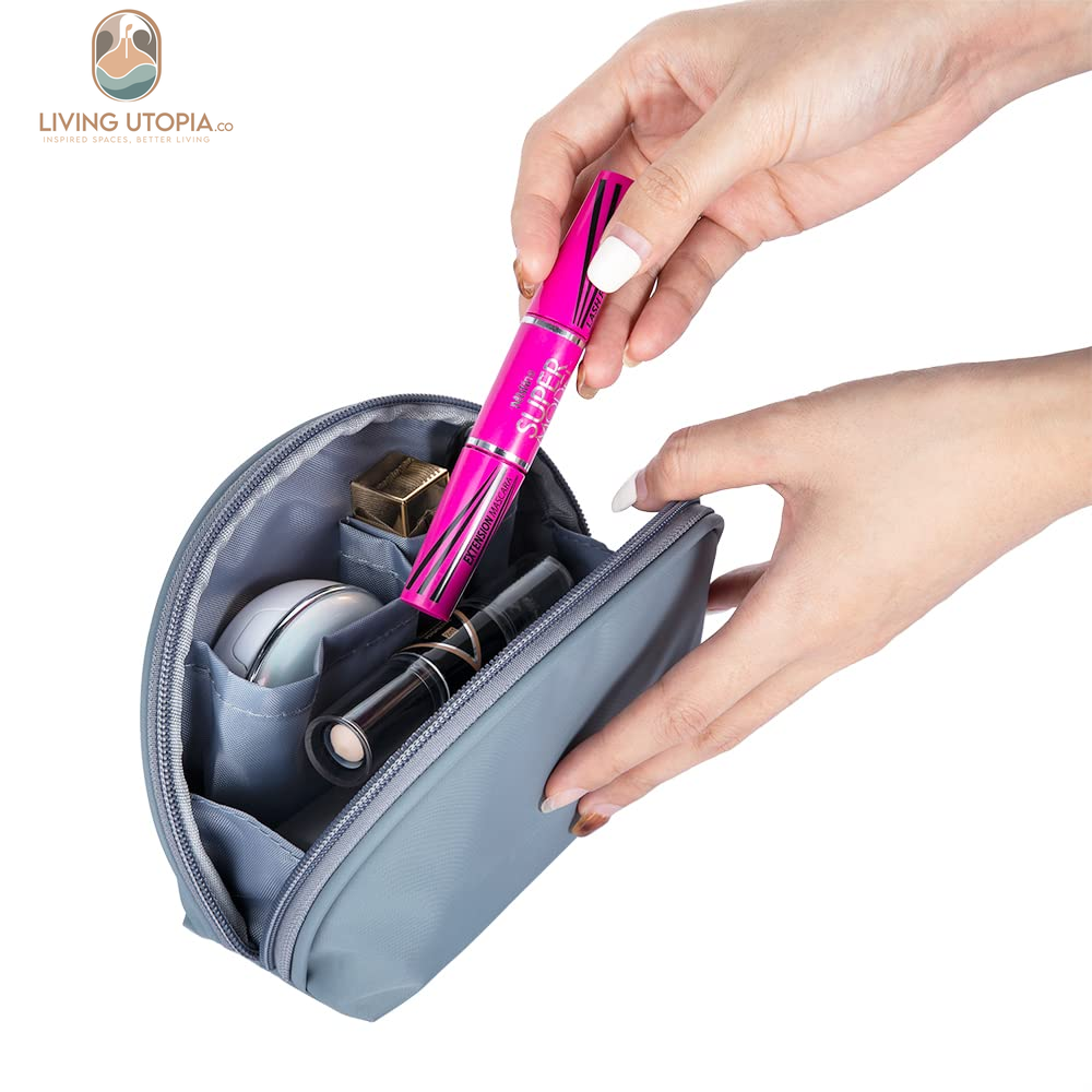 Half Moon Cosmetic Beauty Bag for Purse Travel Handy Makeup Pouch for Women Girls (Grey-Blue)