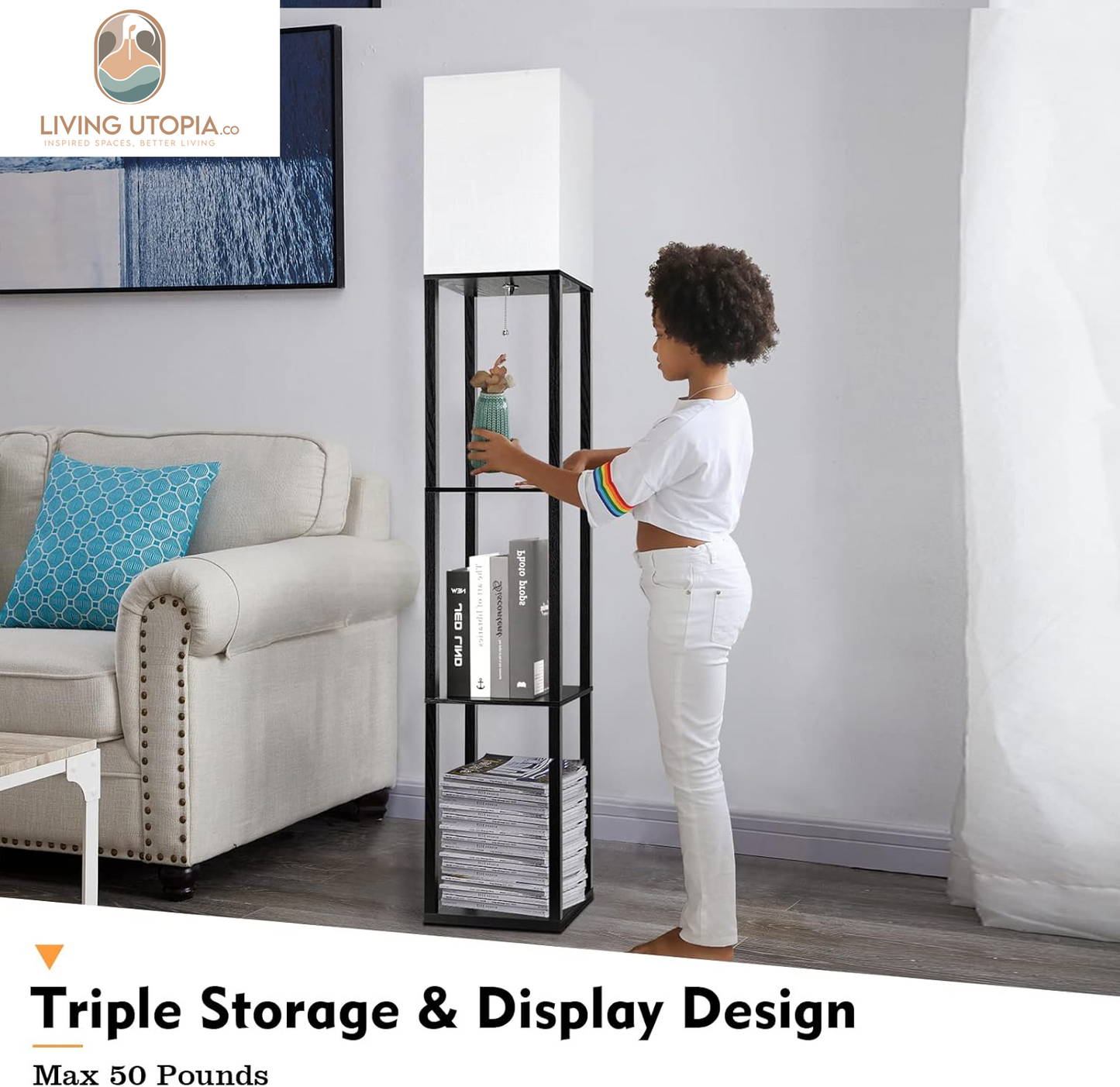 3-Shelf Floor Lamp with LED Bulbs - Modern Standing Display Shelf Lamp for Living Room, Bedroom and Office (Black)
