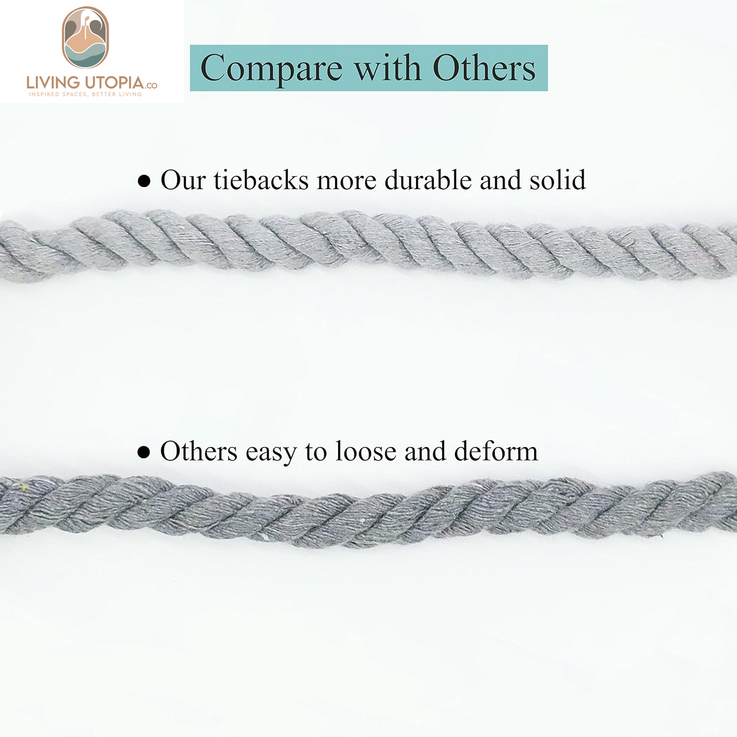 2 Pack Rustic Curtain Tiebacks - Outdoor Curtain Drapery Holdbacks Holders - Hand Knitting Cotton Rope Drape Tie Backs for Sheer and Blackout Curtain(Set of 2, Grey)