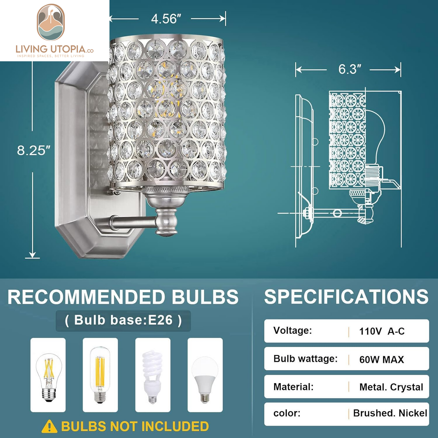 2 Pack 1 Light Crystal Wall Sconce Lighting with Brushed Nickel Finish,Modern Concise Style Wall Light Fixture Polyhedral Crystal Shade for Bathroom, Bedroom Living Room Bedside