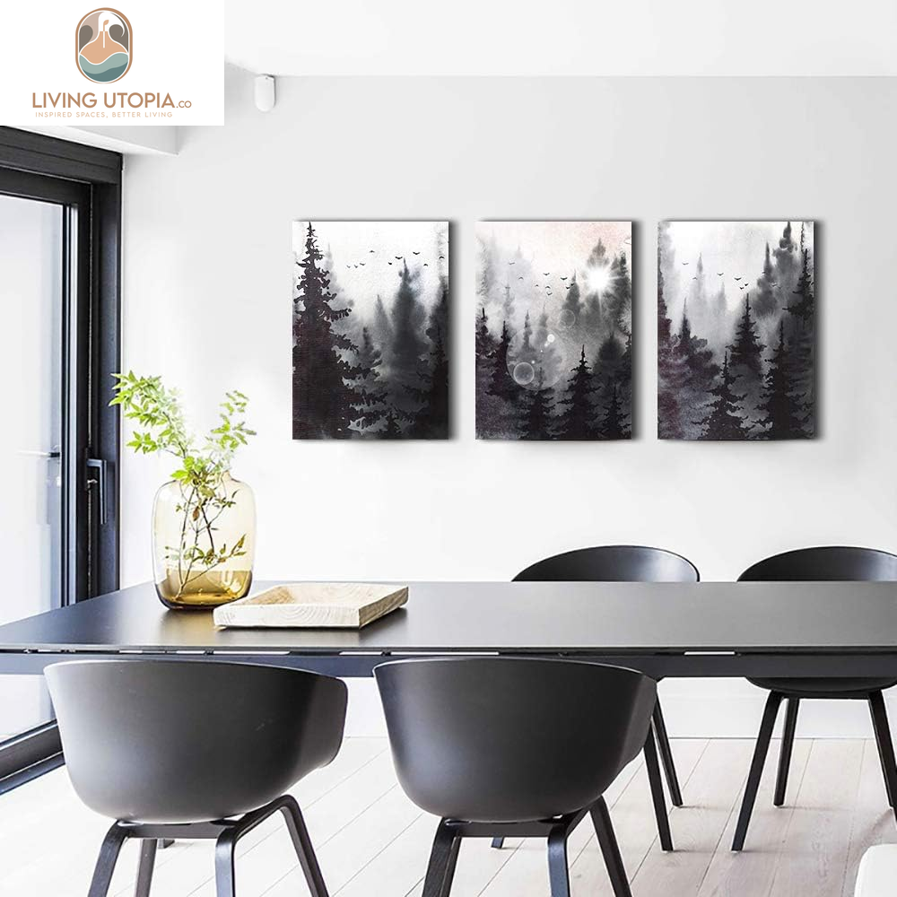 Scenery Watercolor Painting 3 Pieces Canvas Wall Art for Living Room Wall Decor for Bedroom Decorations Modern Office Home Decoration Black and White Forest Landscape Posters Canvas Prints Artwork