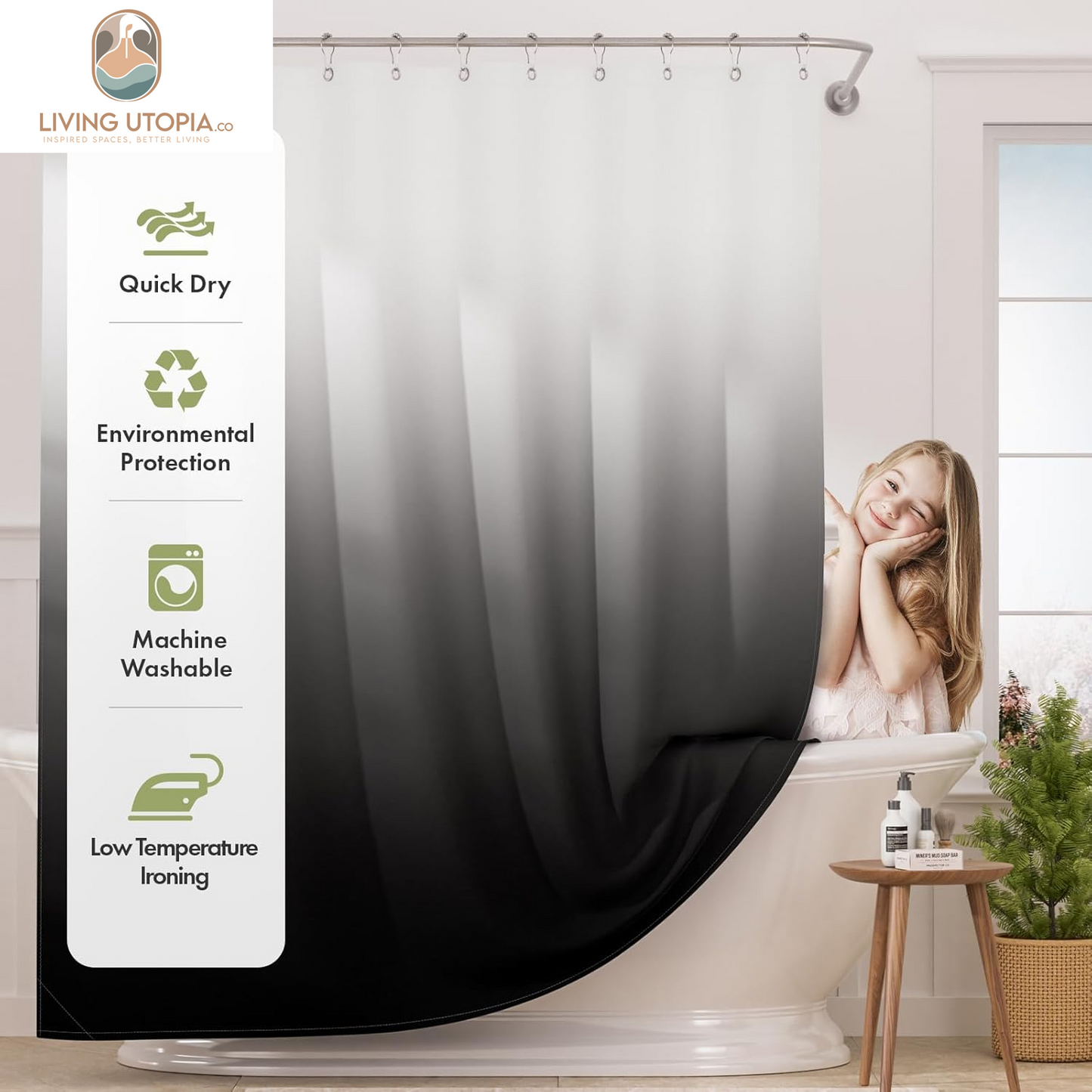 Shower Curtain, Cloth Ombre Black Shower Curtain Set with 12 Shower Curtain Hooks, Washable Fabric Black and White Shower Curtain, Rustic Farmhouse Bathroom Shower Curtain, 72X72 Inches