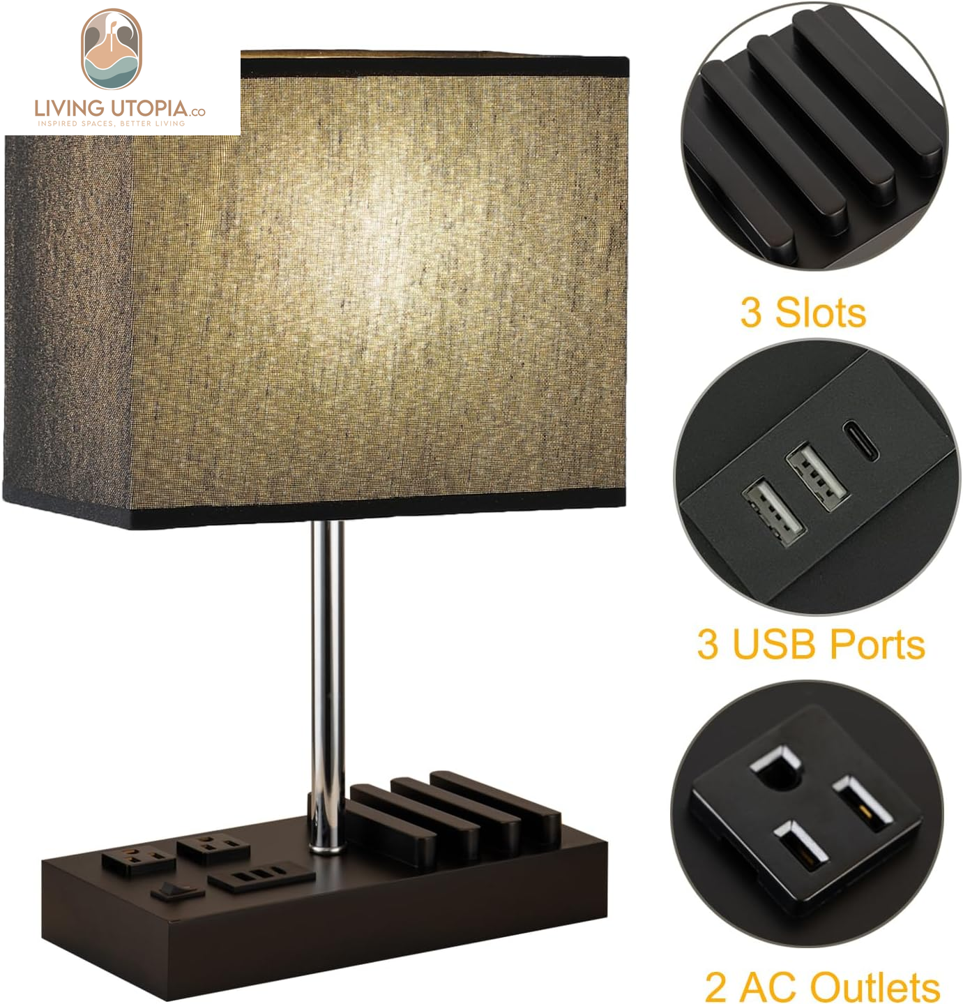 USB Table Lamp, Multi-Functional Bedside Desk Lamp with 2 AC Outlets, 3 USB Charging Ports and Wooden Phone Stand Organizer, Ideal Nightstand Lamp for Bedroom, Black Shade