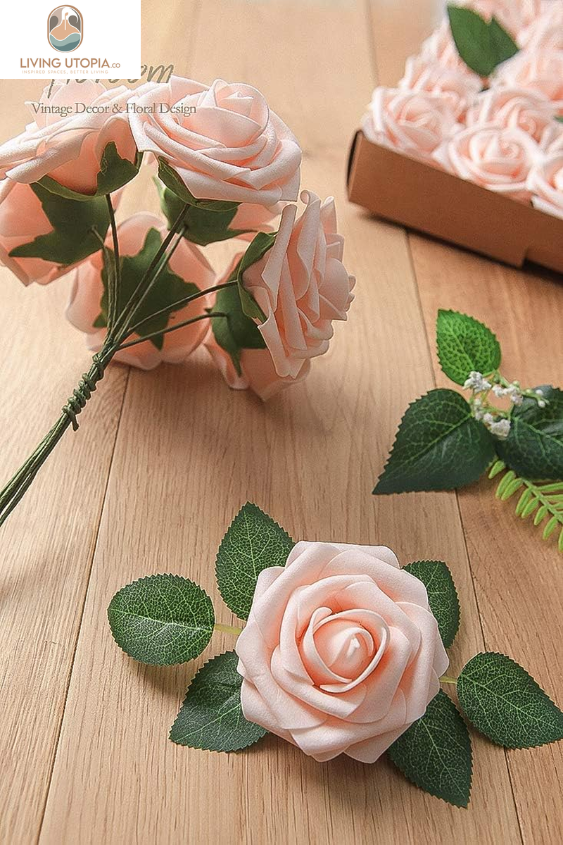 Artificial Flowers 25Pcs Real Looking Blush Foam Fake Roses with Stems for DIY Wedding Bouquets Bridal Shower Centerpieces Party Decorations