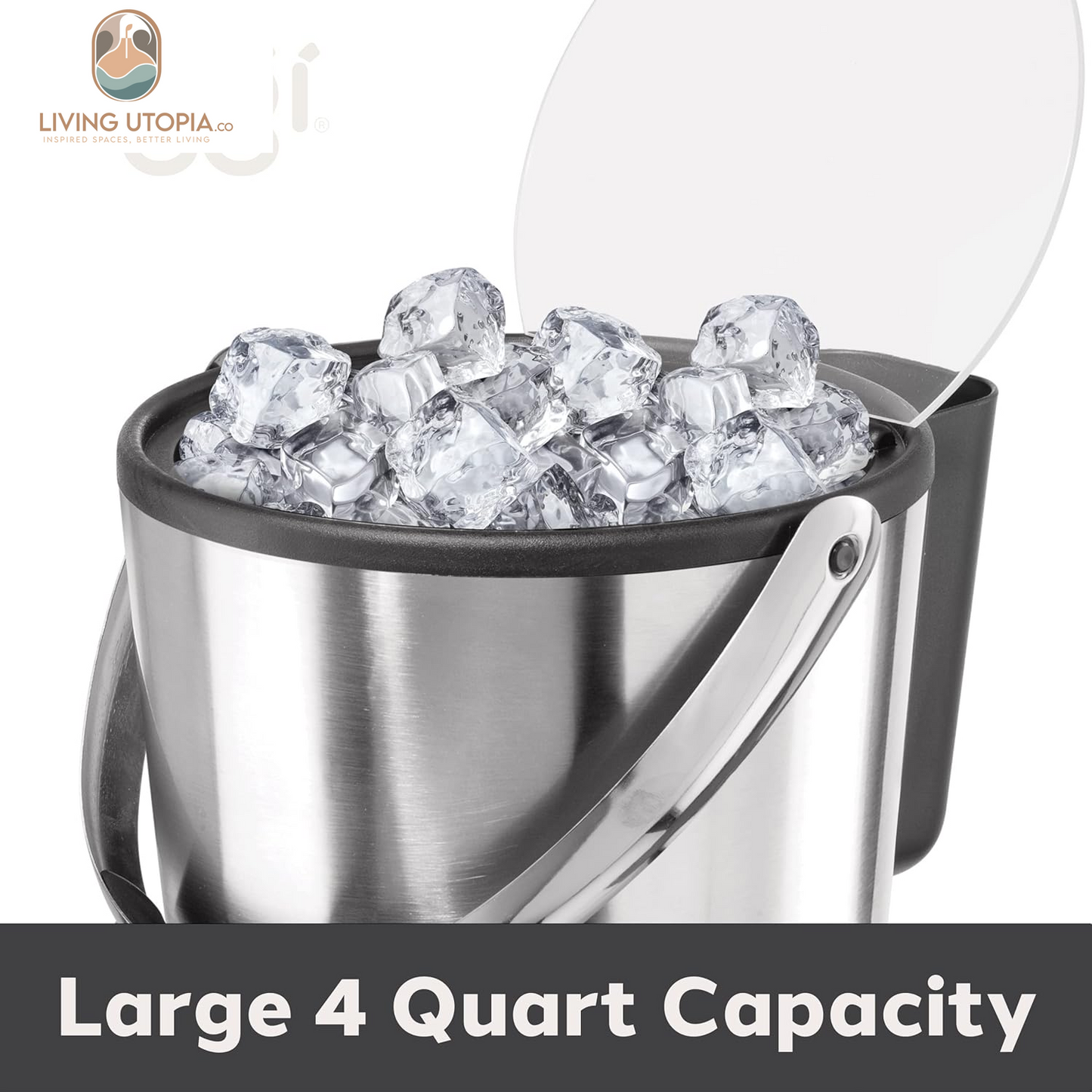 Insulated Ice Bucket, 4 Quart / 3.8 L, Stainless Steel, Black.