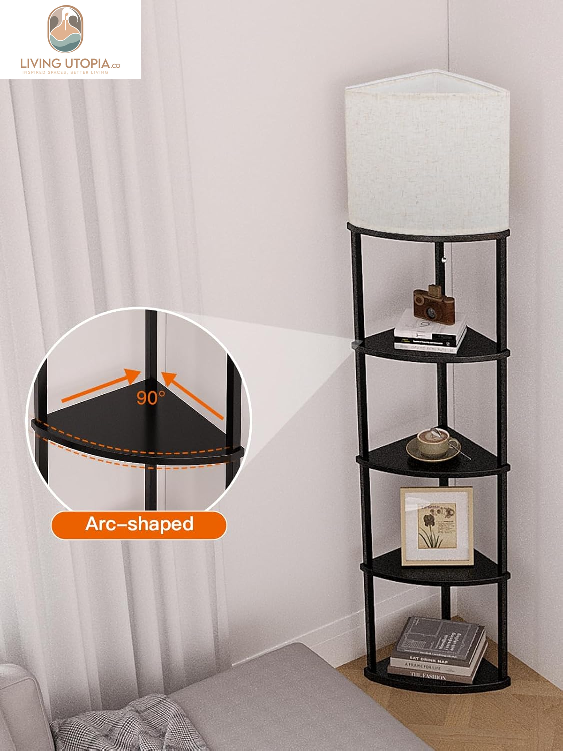 Corner Lamp 5-Tier Shelf Floor Lamp Display with 3 Color Temperatures LED Bulb and Linen Lamp Shade, Shelves for Living Room, Bedroom and Office - Black