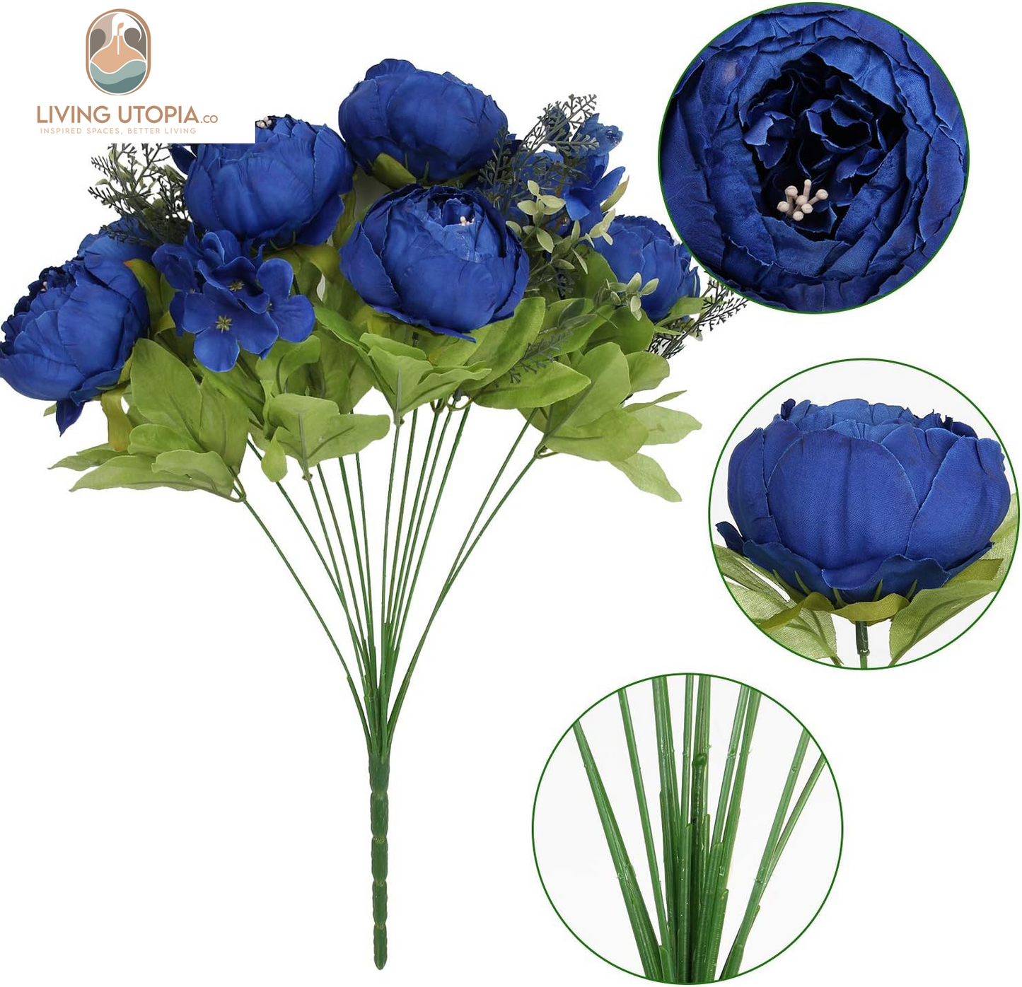 Silk Peony Bouquet Vintage Artificial Peonies Flower for Home Wedding Party Decor (1Pcs, Royal Blue)