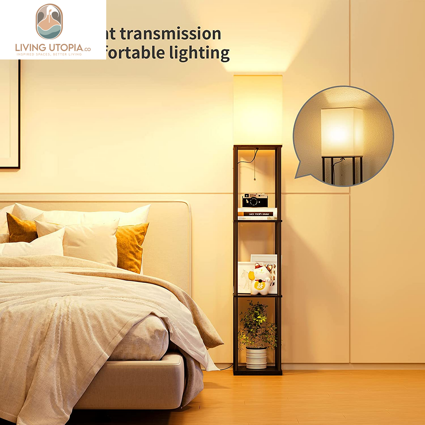 Floor Lamp with Shelves, Modern Square Standing Lamp with 3 Color Temperature Bulb, Corner Display Bookshelf Lamp for Living Room and Bedroom(Black)