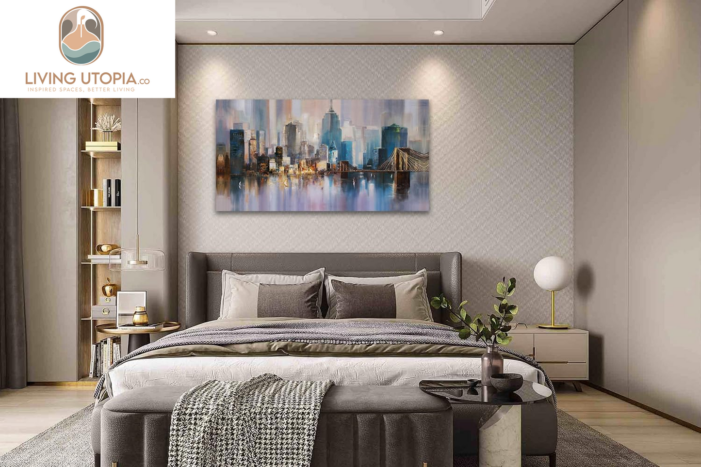 Cityscape Canvas Wall Art Abstract Skyline New York City Painting Prints, Modern Grey Brooklyn Bridge Colorful NYC Picture Framed for Bedroom Living Room Home Office Wall Decor, Large 48"X24"
