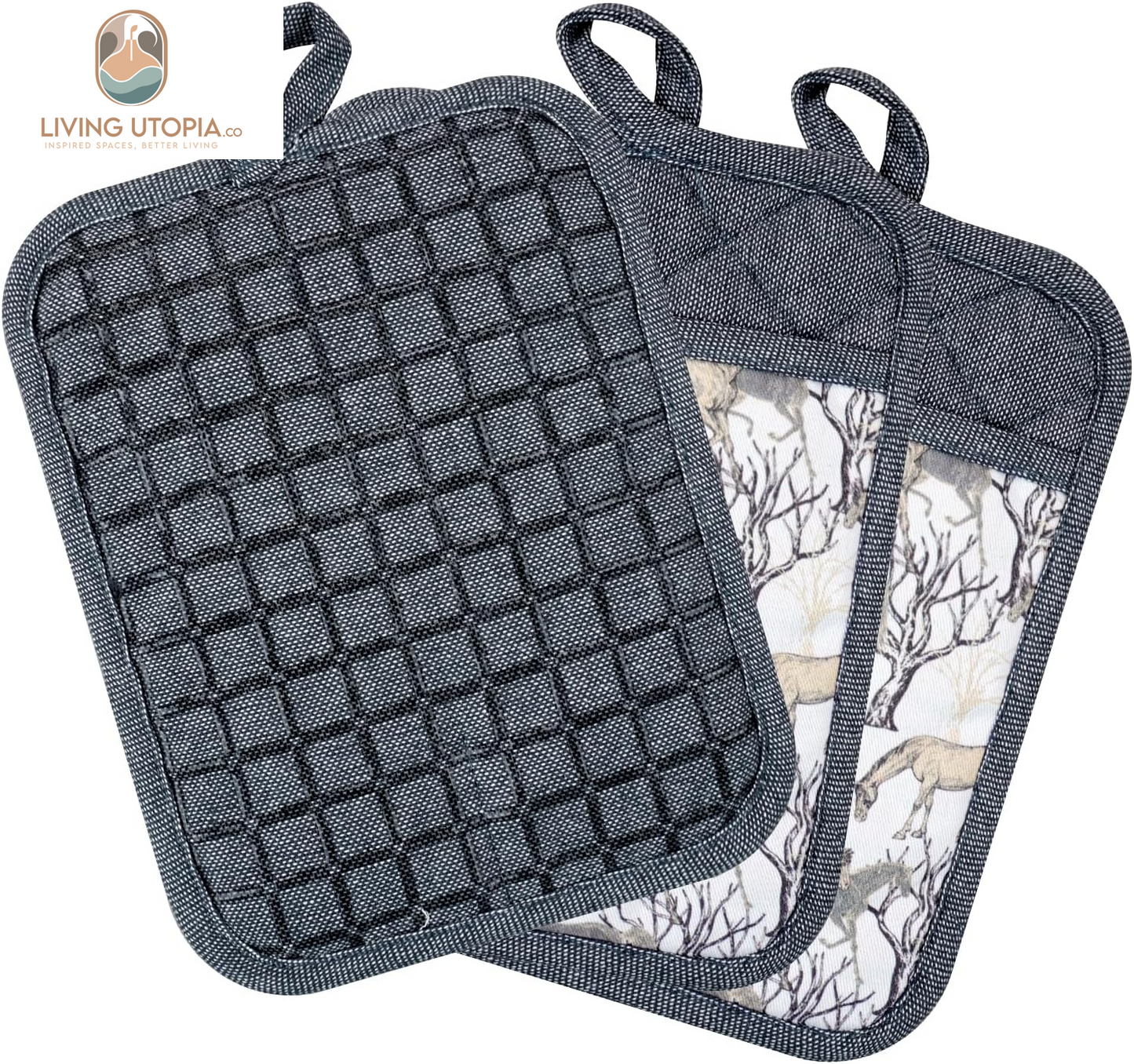 Pot Holders Set of 3 Silicone Printing Non Slip Heat Resistant, Yarm-Dyed Hot Pads Cotton Home Kitchen Cooking Barbecue Microwave Women Men Machine Washable BBQ Grilling. (Gray Potholders)