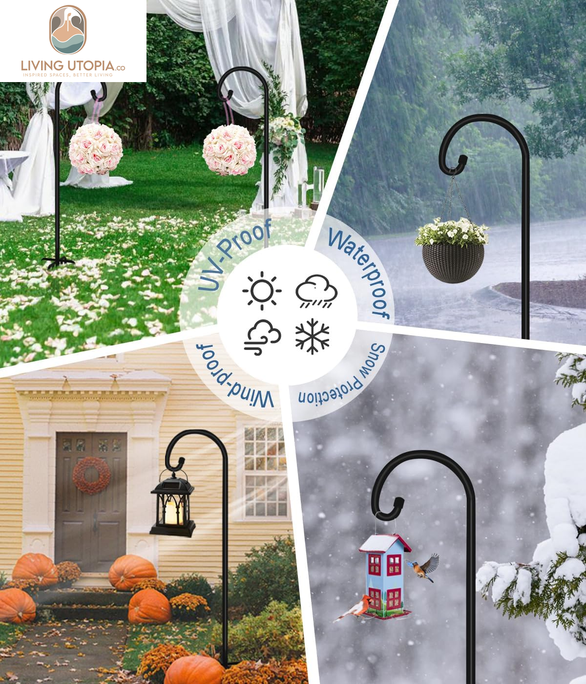 108 Inch Outdoor Shepherd Hook with 5 Prong Base (2 Packs), Adjustable Heavy Duty Garden Hanging Stake for Bird Feeder Solar Light Plant Hanger Wedding Decor, Matte Black