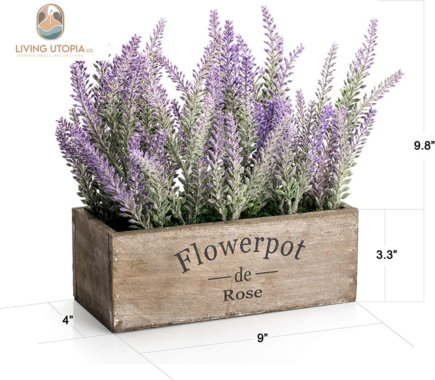 Purple Artificial Lavender Flowers with Decorative Tray Wooden Box 9 Inches - Lifelike Faux Lavender Plants for Home and Office Decor, Fake Lavender Rustic Farmhouse Style