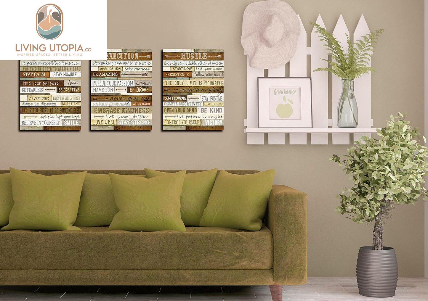 Motivational Wall-Decor - Brown Inspirational Posters - 3 Piece Canvas Wall Art for Bedroom Ready to Hang Size 12" X 16"