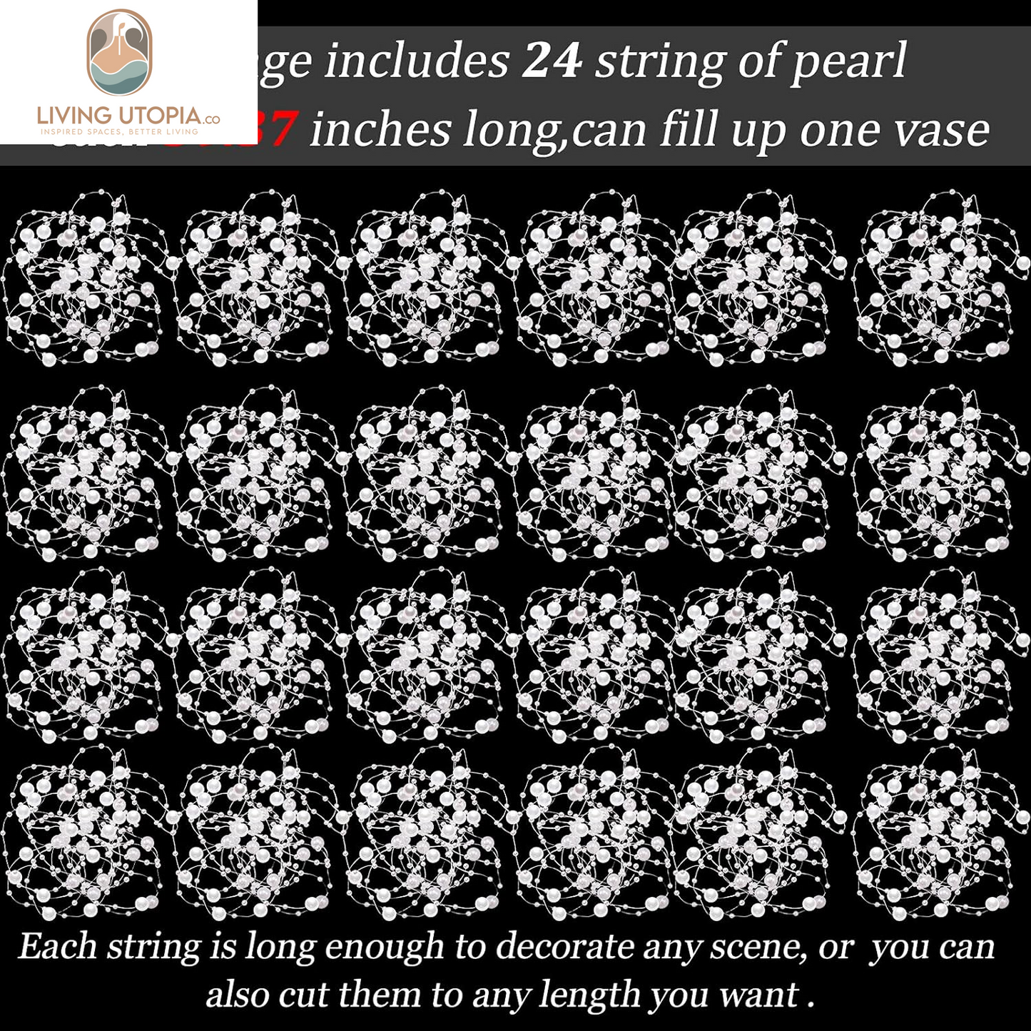 24 Pcs Artificial Pearl String for Floating Candle Faux Pearls Beads String Party Garland Decoration for Vases Filler Wedding Centerpiece Christmas Party Decor(White)