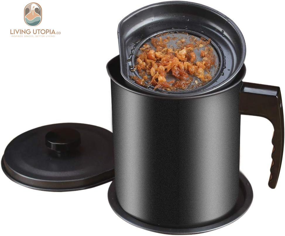 Bacon Grease Container with Strainer- 1.3 L or 5.2 Cup Iron Kitchen Oil Storage Can with Fine Mesh Strainer for Storing Hot Frying Oil, Fat (Black)