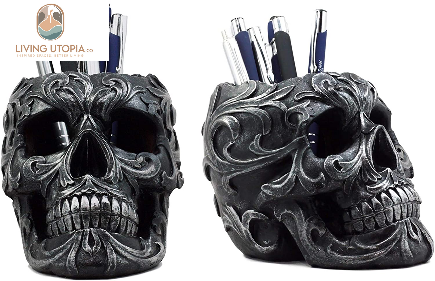 Set of 2 Tribal Tattoo Floral Skull Pen Holder Figurine 5.75" L Office Desktop Ossuary Skulls Decor Cranium Skeleton Head Stationery Holder as Halloween Macabre Graveyard Spooky Statue