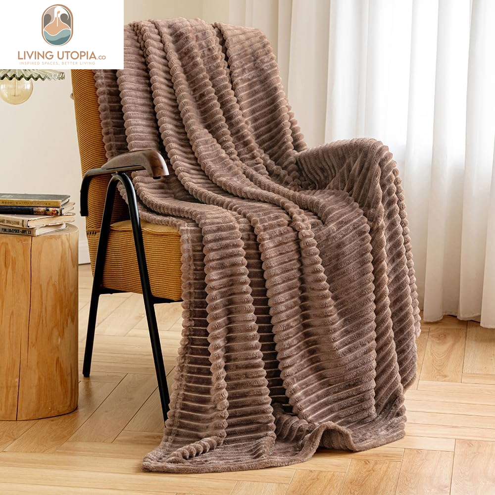 Fleece Throw Blanket for Couch 300GSM Super Soft Lightweight Plush Striped Blanket, Brown Warm Cozy Breathable Ribbed Flannel Blanket for Bed/Sofa, Twin Size 60"X80"