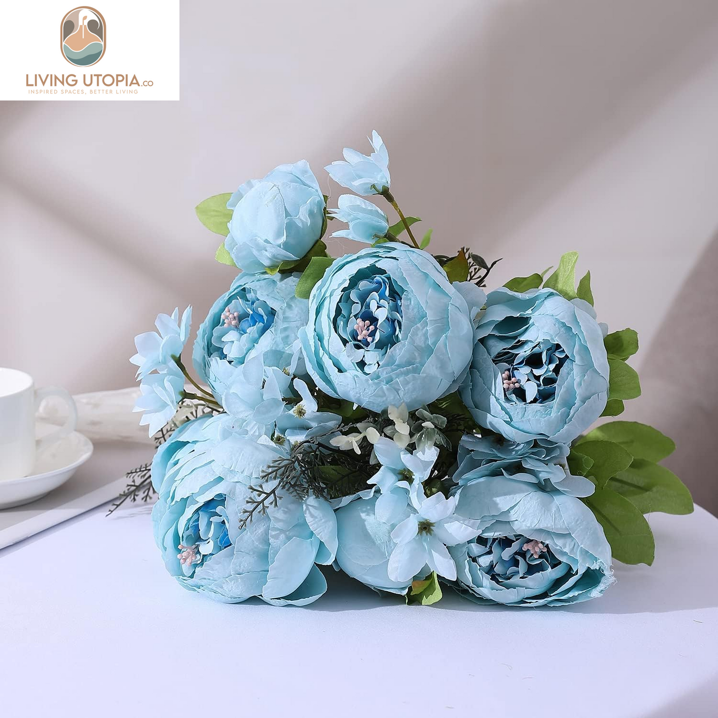 Artificial Peony Silk Flowers Fake Flowers Vintage Wedding Home Decoration,Pack of 1 (Spring Blue)