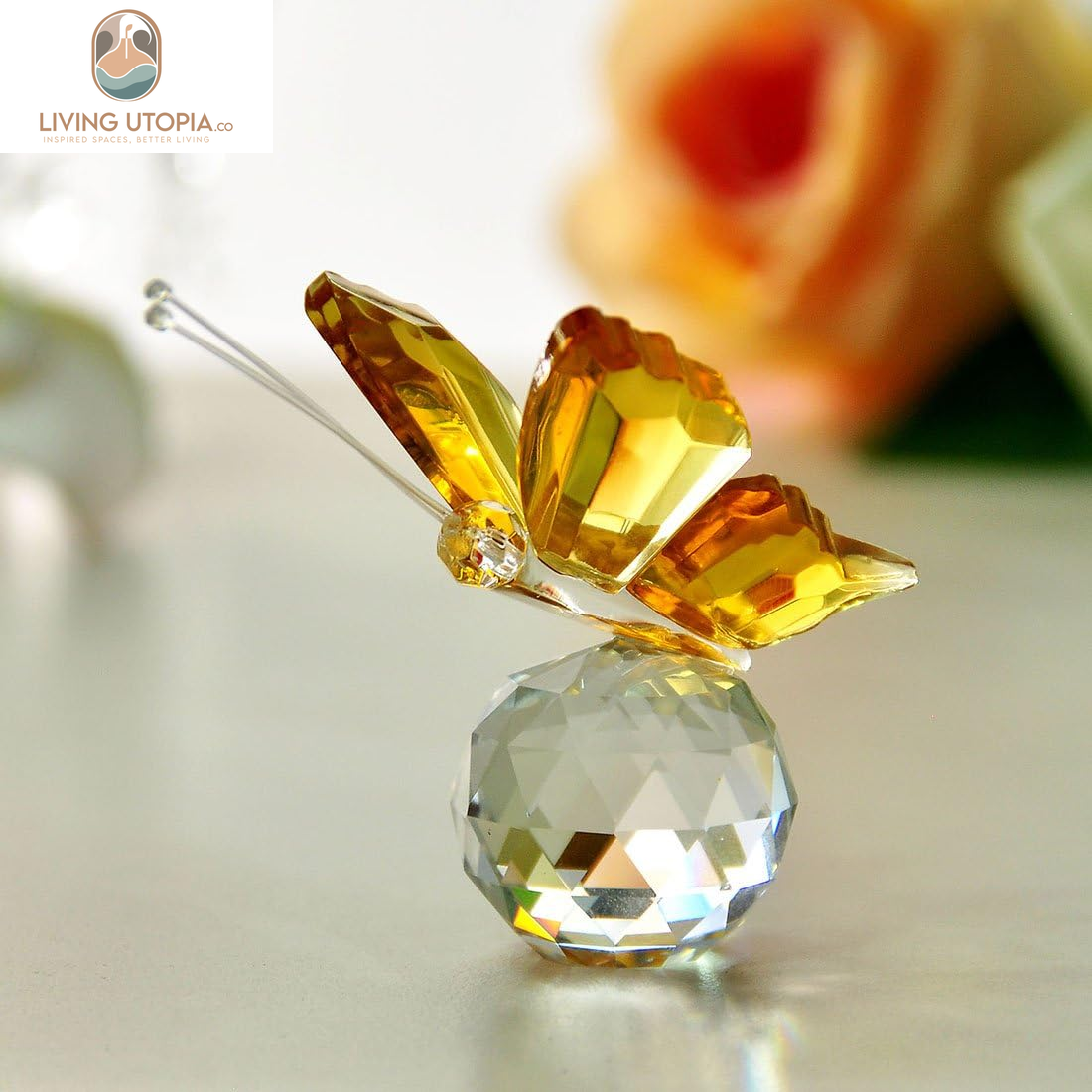 Crystal Flying Butterfly with Crystal Ball Base Figurine Collection Cut Glass Ornament Statue Animal Collectible (Yellow)