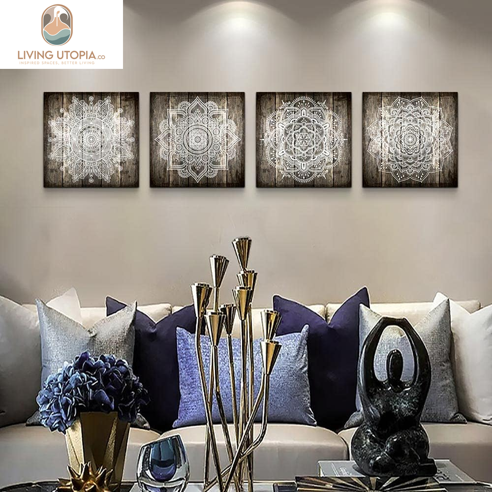 Canvas Wall Art for Bedroom Wall Decor for Living Room Black and White Abstract Paintings Modern 4 Piece Framed Retro Pattern Canvas Art Bathroom Prints Ready to Hang Pictures for Home Decorations
