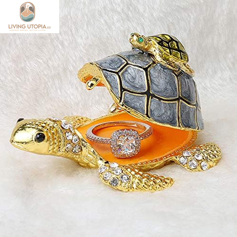Sea Turtle Figurines Collectibles Bejeweled Jewelry Trinket Boxes Hinged Hand Painted Enamel Turtle Box Ring Holder for Women Girls