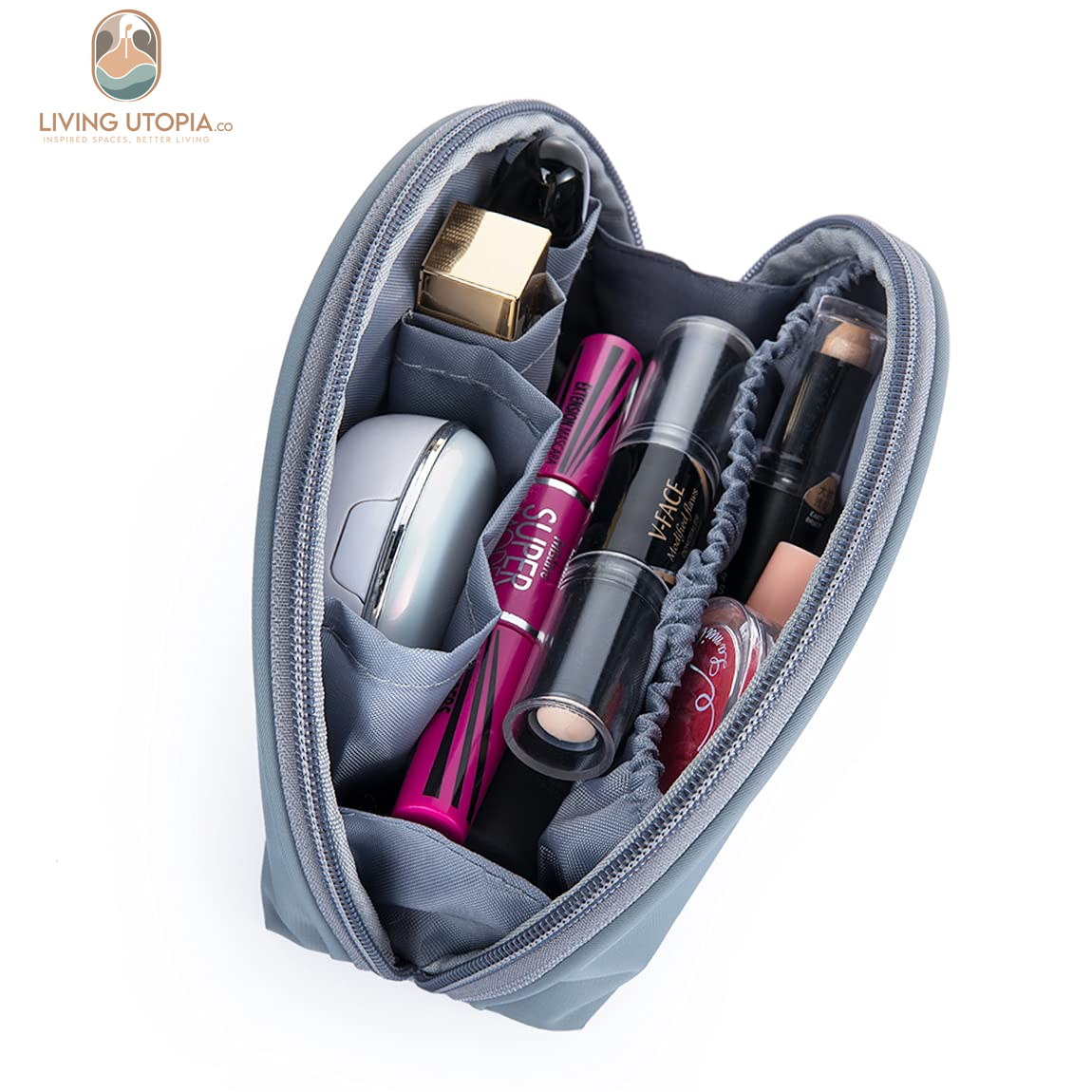 Half Moon Cosmetic Beauty Bag for Purse Travel Handy Makeup Pouch for Women Girls (Grey-Blue)