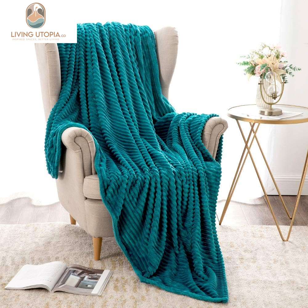 Fleece Throw Blanket for Couch 300GSM Super Soft Lightweight Plush Striped Blanket, Teal Blue Warm Cozy Breathable Ribbed Blanket for Bed/Sofa, Throw Size 50"X60", Turquoise