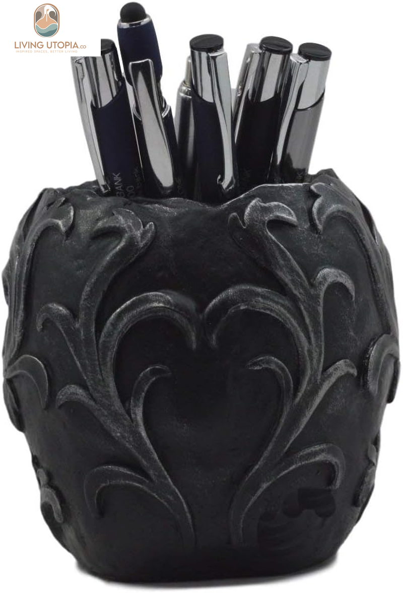 Set of 2 Tribal Tattoo Floral Skull Pen Holder Figurine 5.75" L Office Desktop Ossuary Skulls Decor Cranium Skeleton Head Stationery Holder as Halloween Macabre Graveyard Spooky Statue