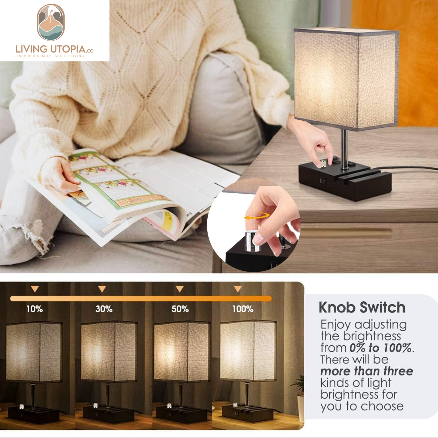 Fully Dimmable Table Lamp, Lamp for Bedroom 2 USB Ports, Bedside Lamps with 2 AC Outlet and Phone Slots, Small Table Lamp for Living Room, Grey Nightstand Lamp for Reading, LED Bulb Included