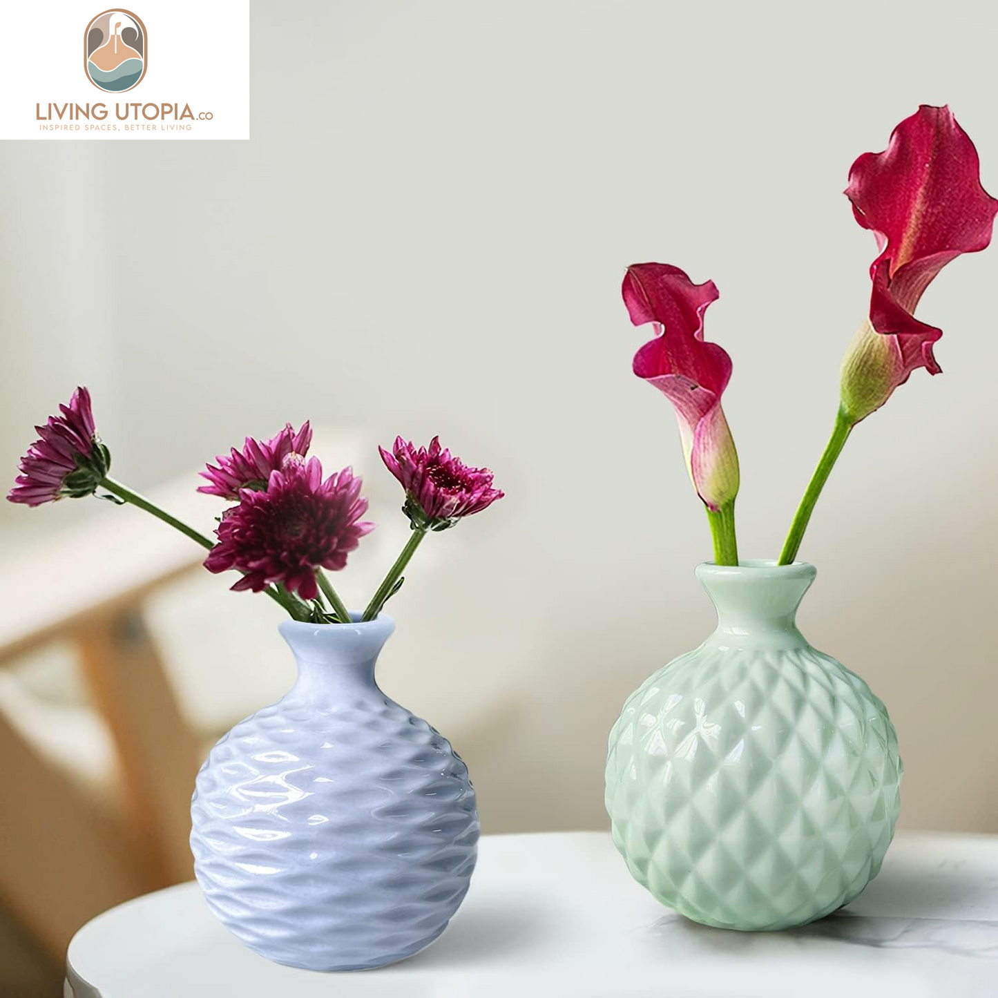 Ikebana Vase Flower Arrangement Bud Vase Hydroponics Macaron Colorful Ceramic Decorative Vase (Light Green)