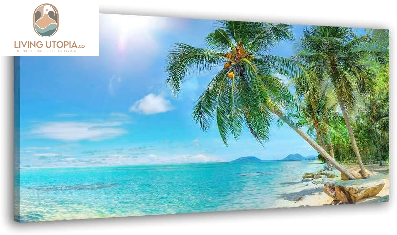 Canvas Wall Art for Living Room Tropical Palm Tree Summer Artwork Blue Sky Ocean Themed Coconut Trees Seascape Painting Nature Scenery Picture for Bedroom Bathroom Home Office Decor 40L X 20W