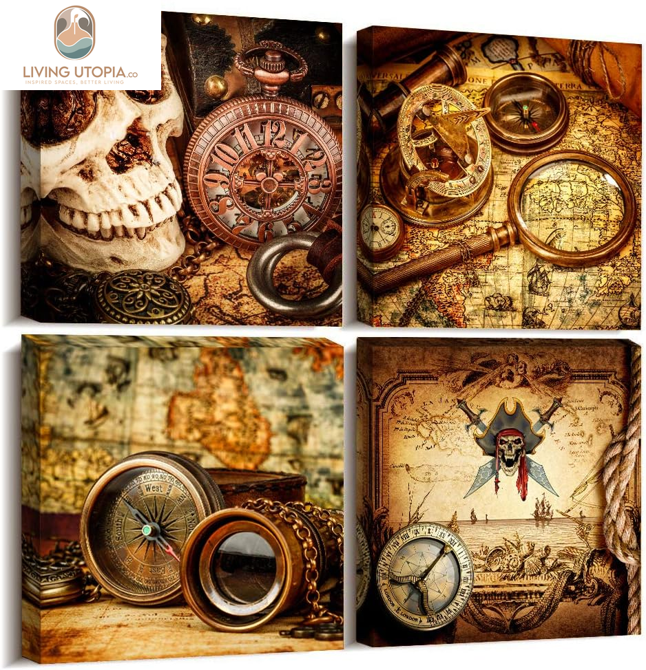 Pirate Ship Compass Restoring Ancient Ways Wall Art for Living Room Canvas Prints Artwork Bathroom Wall Decor Watercolor Painting 4 Piece Framed Bedroom Wall Decorations Office Home Decoration