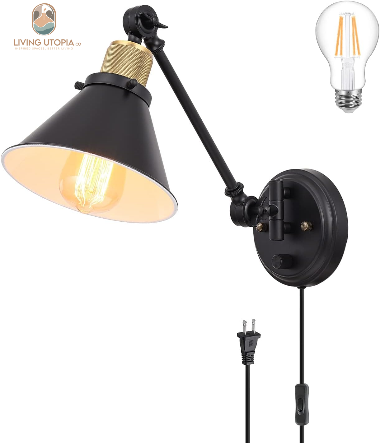 Wall Sconce Plug In, Dimmable Wall Sconce Wall Lights with Plug in Cord and Dimmer On/Off Knob Switch, Swing Arm Wall Light for Bedside Bedroom Stairway Living Room(1 Pack, 1 Bulb Included)